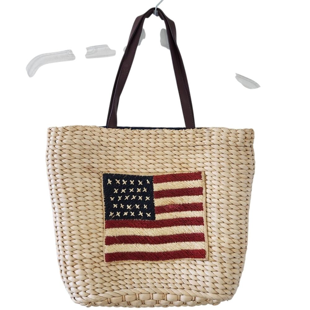 Woven Tote Bag with American Flag Patch Rattan Summer July 4th Preppy Purse